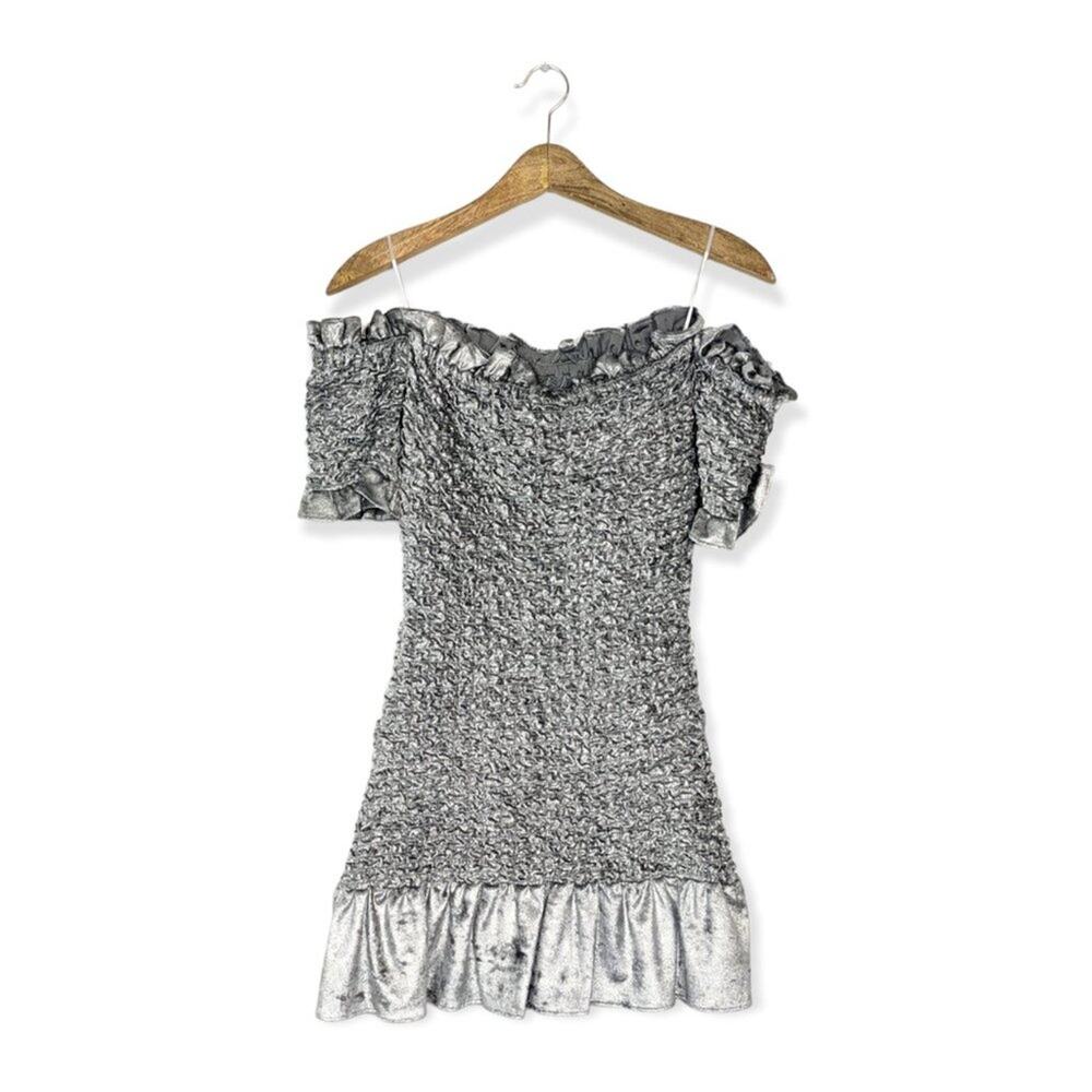 Petersyn Benson Mini Dress XS Steel Smocked Ruffle Feminine Chic NWT
